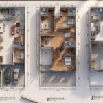 Desain denah rumah 2 lantai lengkap tata ruang kamar tidur ruang keluarga dan carport skala 1 : 100