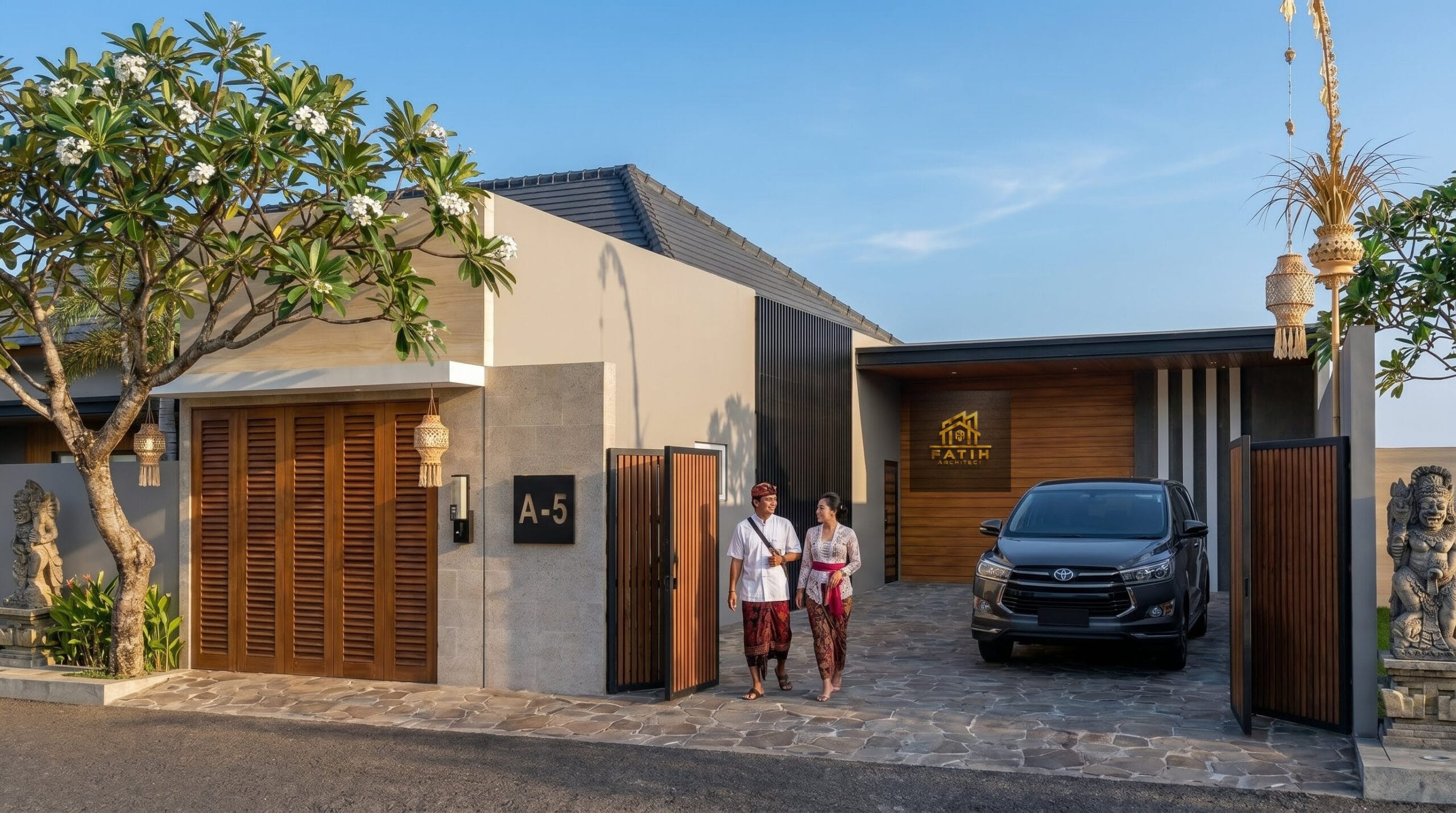 Jasa arsitek desain villa etnik modern tropis nuansa Bali dengan gerbang kayu dan carport luas