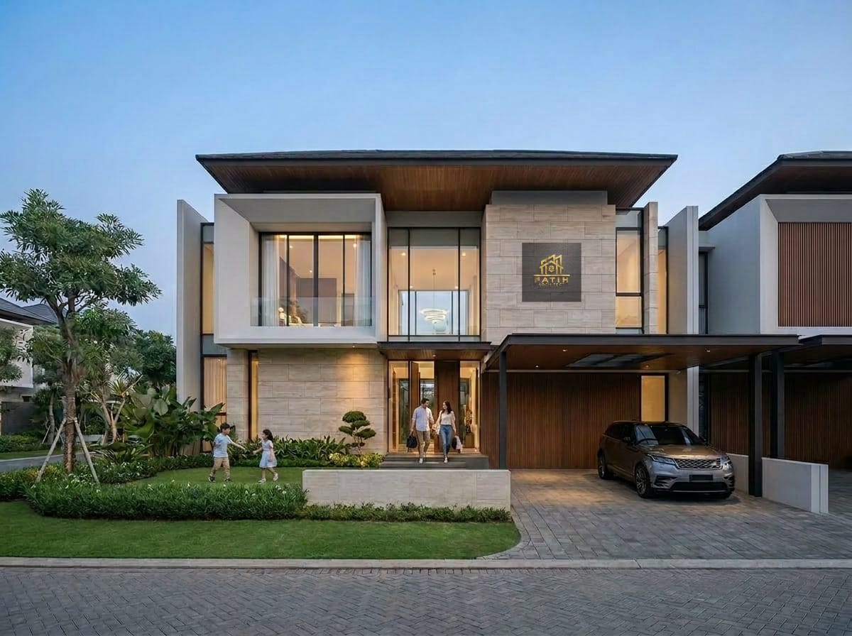 Jasa arsitek desain rumah mewah modern tropis 2 lantai dengan fasad geometris kaca lebar kanopi carport dan taman depan