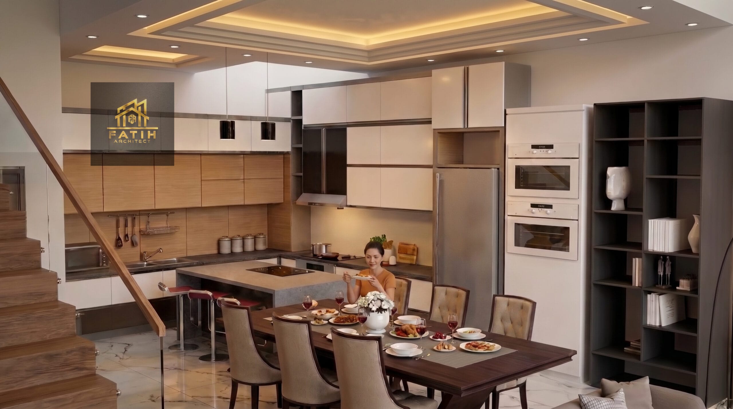 Jasa desain interior dapur bersih modern minimalis menyatu dengan ruang makan mewah dan kitchen island