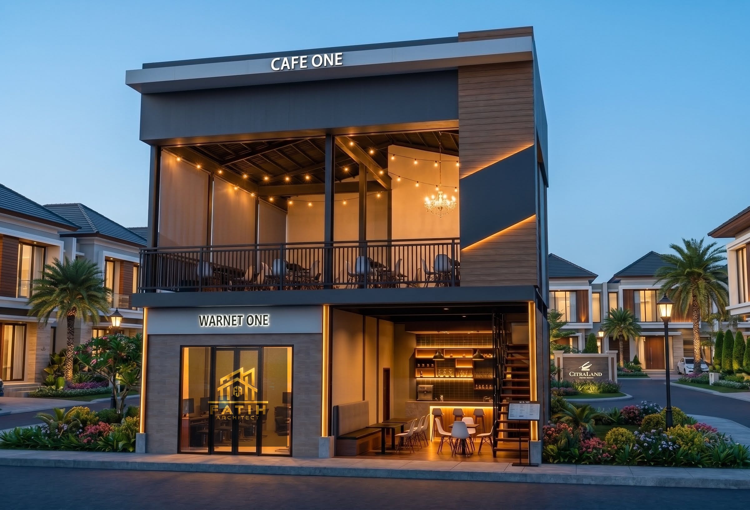 Jasa arsitek desain cafe dan warnet modern industrial 2 lantai dengan area semi outdoor rooftop di waktu senja