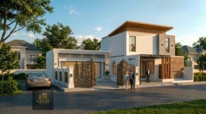 Jasa arsitek desain rumah mewah minimalis modern 2 lantai dengan pagar ornamen besi laser cut dan carport luas