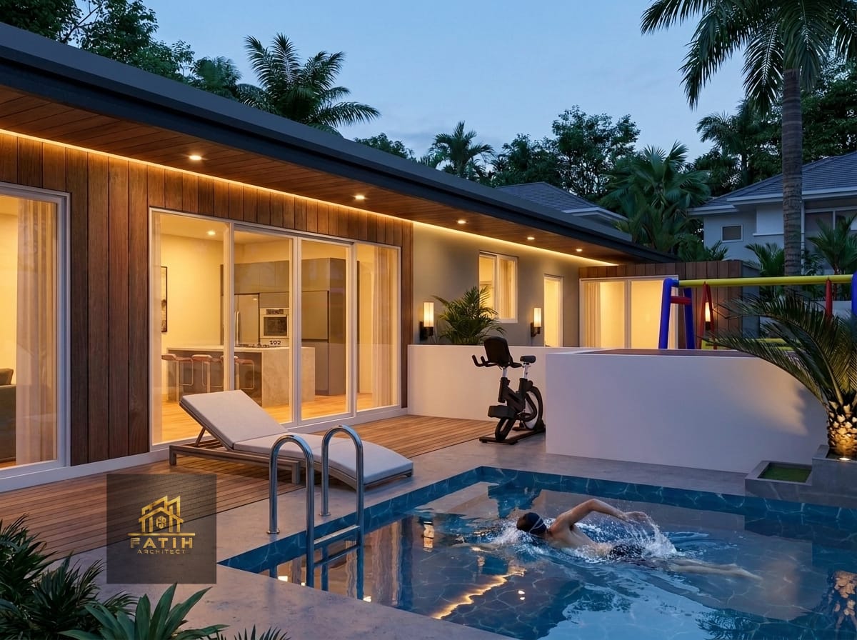 Jasa arsitek desain villa modern tropis dengan kolam renang pribadi kursi santai dan dek kayu