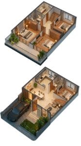 Jasa gambar visualisasi denah 3D tata ruang rumah 2 lantai modern