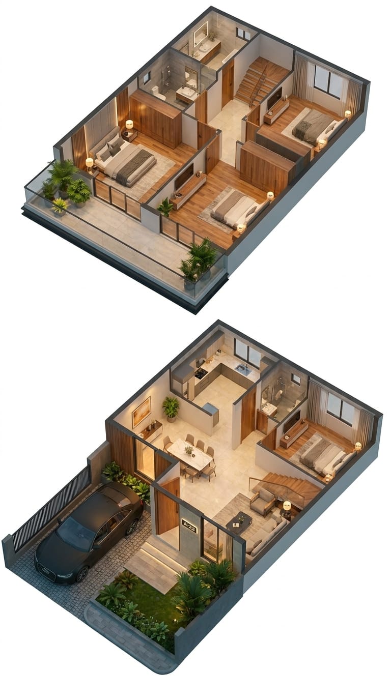 Jasa gambar visualisasi denah 3D tata ruang rumah 2 lantai modern