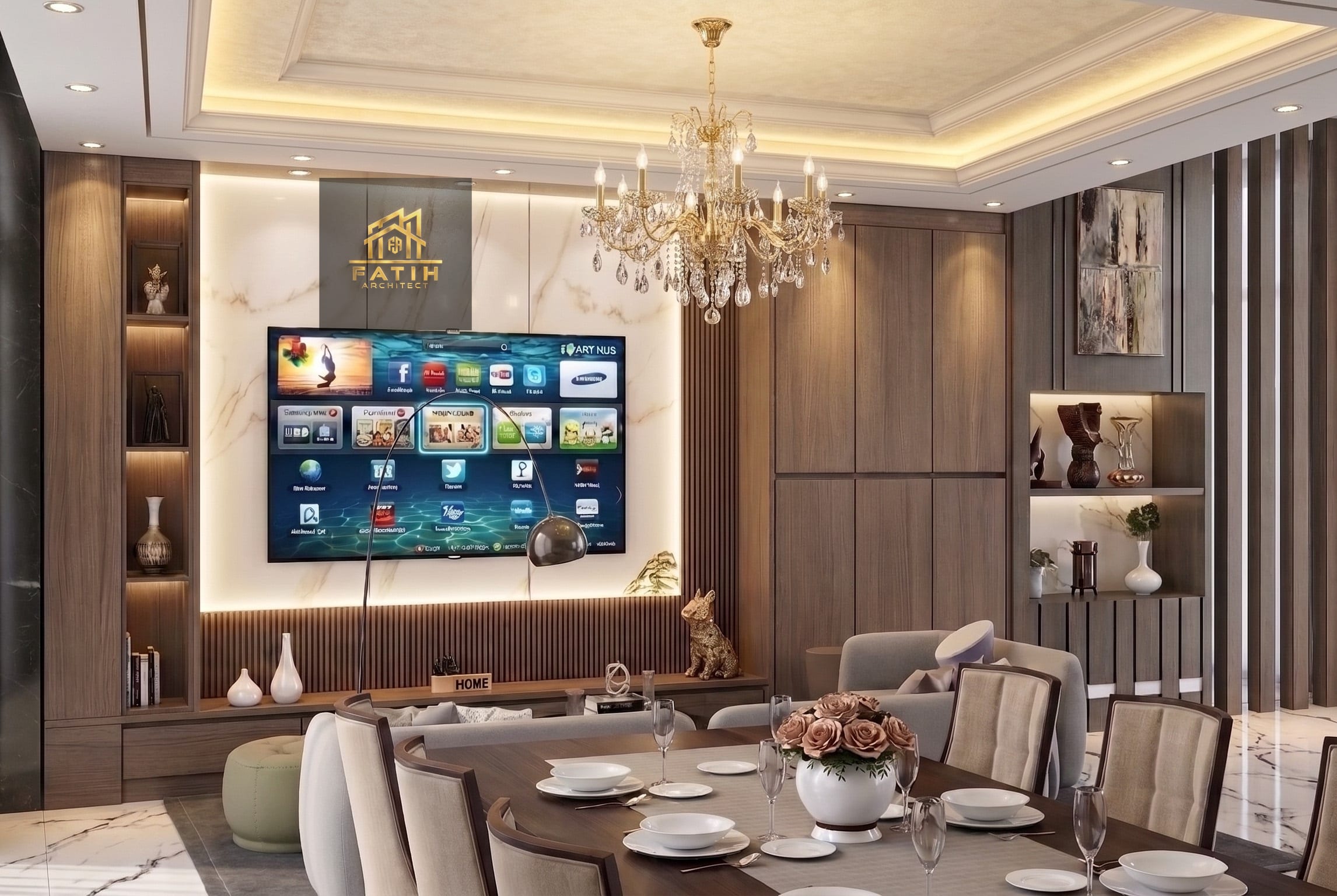 Jasa desain interior ruang keluarga dan ruang makan mewah dengan backdrop TV marmer panel kayu dan lampu gantung kristal