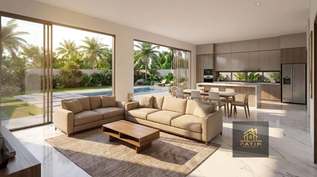 Tips 32 Menentukan Budget Desain Rumah Desain interior ruang keluarga dan dapur open space mewah modern view kolam renang