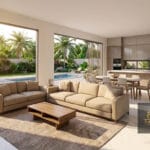 ​Desain interior ruang keluarga dan dapur open space mewah modern view kolam renang