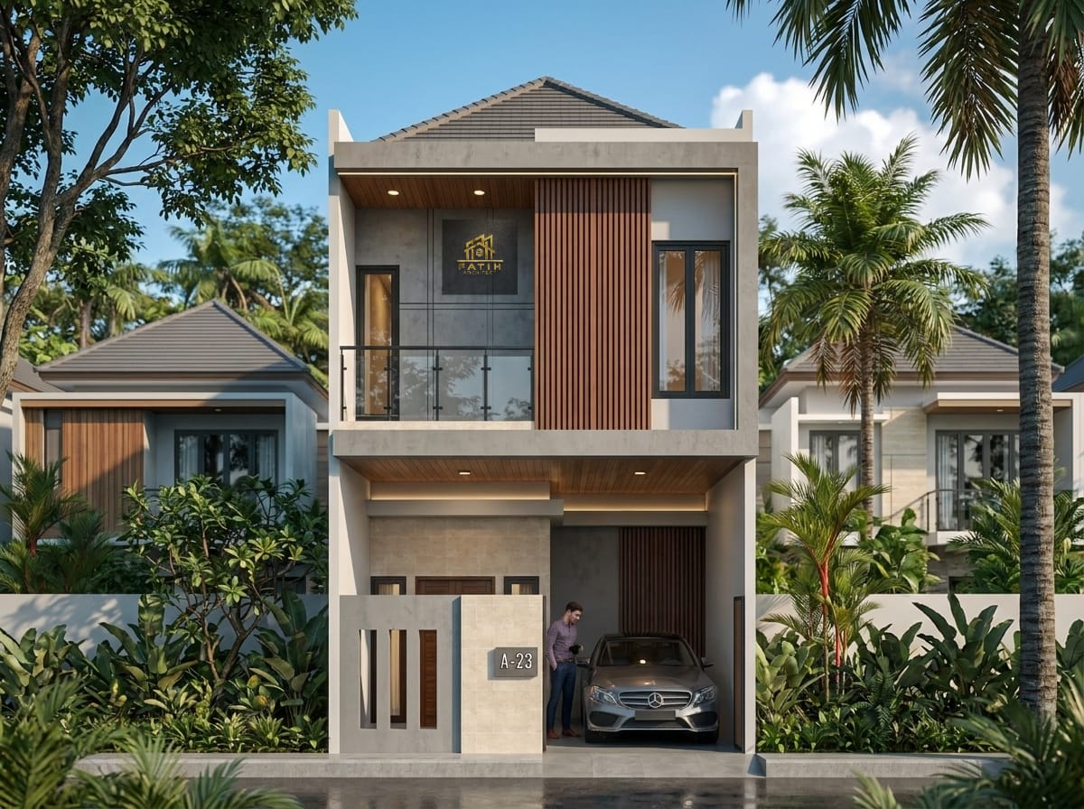 Jasa desain rumah minimalis modern 2 lantai dengan kisi-kisi kayu balkon kaca dan carport mobil