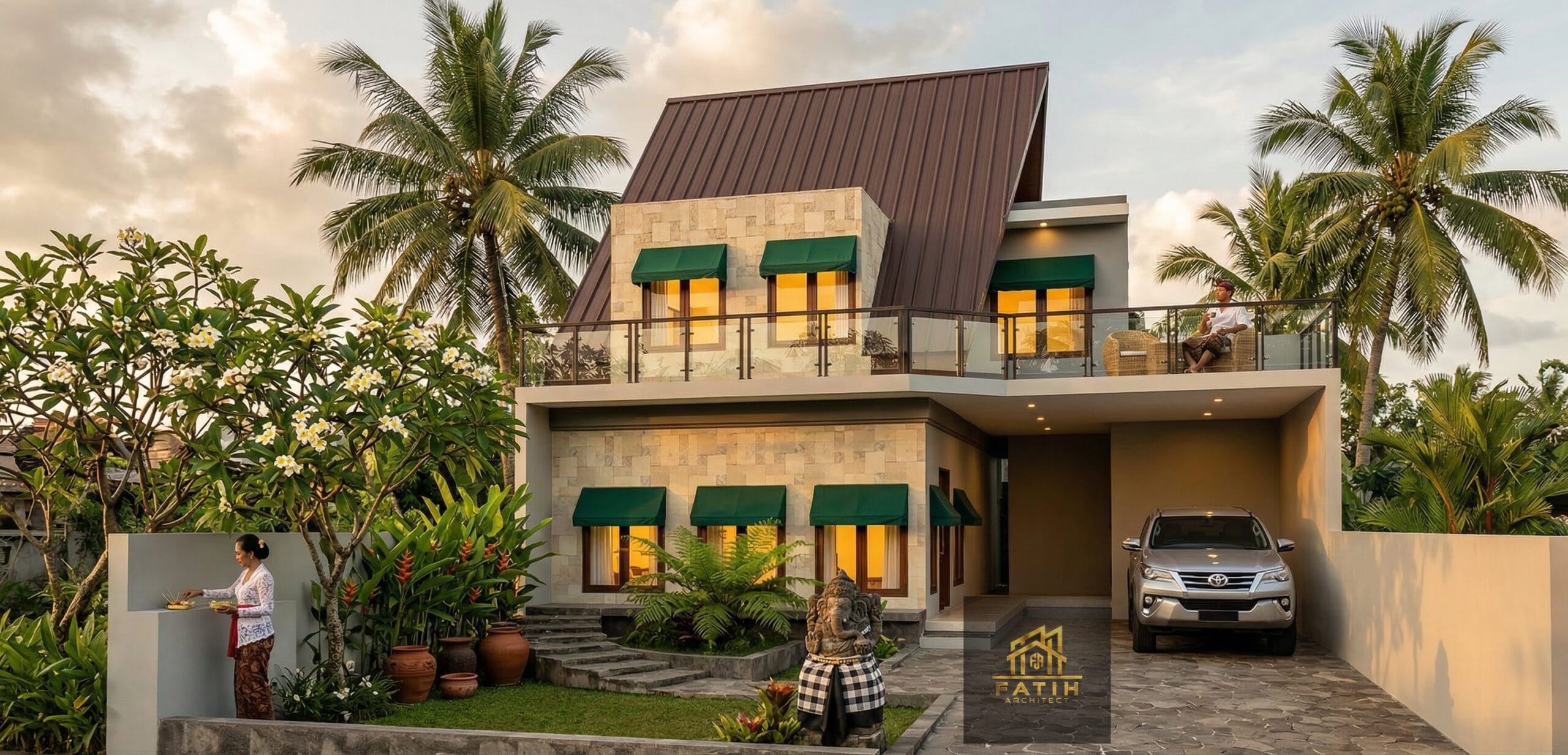 asa arsitek desain villa dan rumah mewah modern tropis 2 lantai dengan rooftop balkon luas dan carport