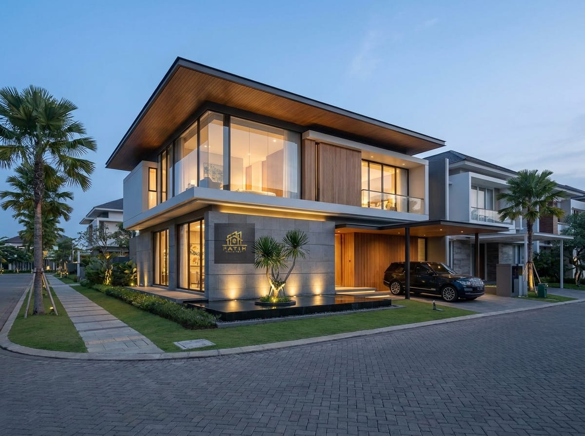 Jasa arsitek desain rumah mewah modern tropis 2 lantai tipe hook sudut dengan dinding kaca lebar dan carport luas