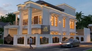 Jasa arsitek desain rumah mewah klasik modern 2 lantai dengan pagar besi tempa dan pencahayaan warm white