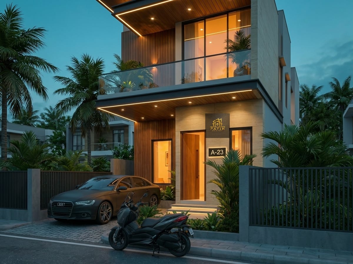Jasa arsitek desain rumah minimalis modern 2 lantai mewah tropis fasad kaca pencahayaan malam