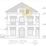 ​Gambar kerja arsitektur 2D tampak depan rumah 2 lantai model atap limas skala 1 100