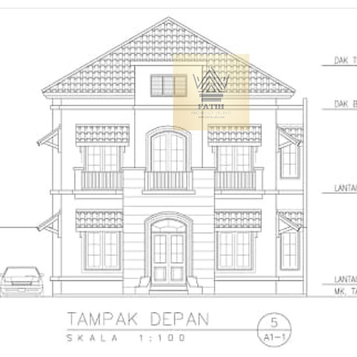 Tips 34 Menentukan Material Bangunan Gambar kerja arsitektur 2D tampak depan rumah 2 lantai model atap limas skala 1 100
