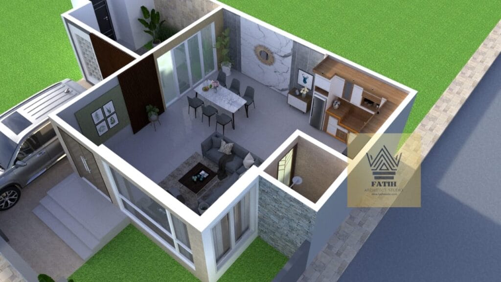 Desain denah rumah 3D isometrik potong tata ruang tamu ruang makan dan dapur open space