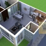 Desain denah rumah 3D isometrik potong tata ruang tamu ruang makan dan dapur open space
