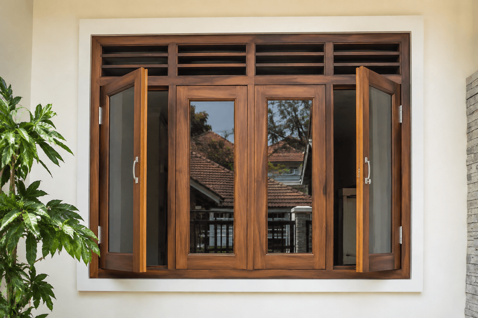 Model jendela rumah minimalis kayu jati 3 daun dengan ventilasi jalusi udara