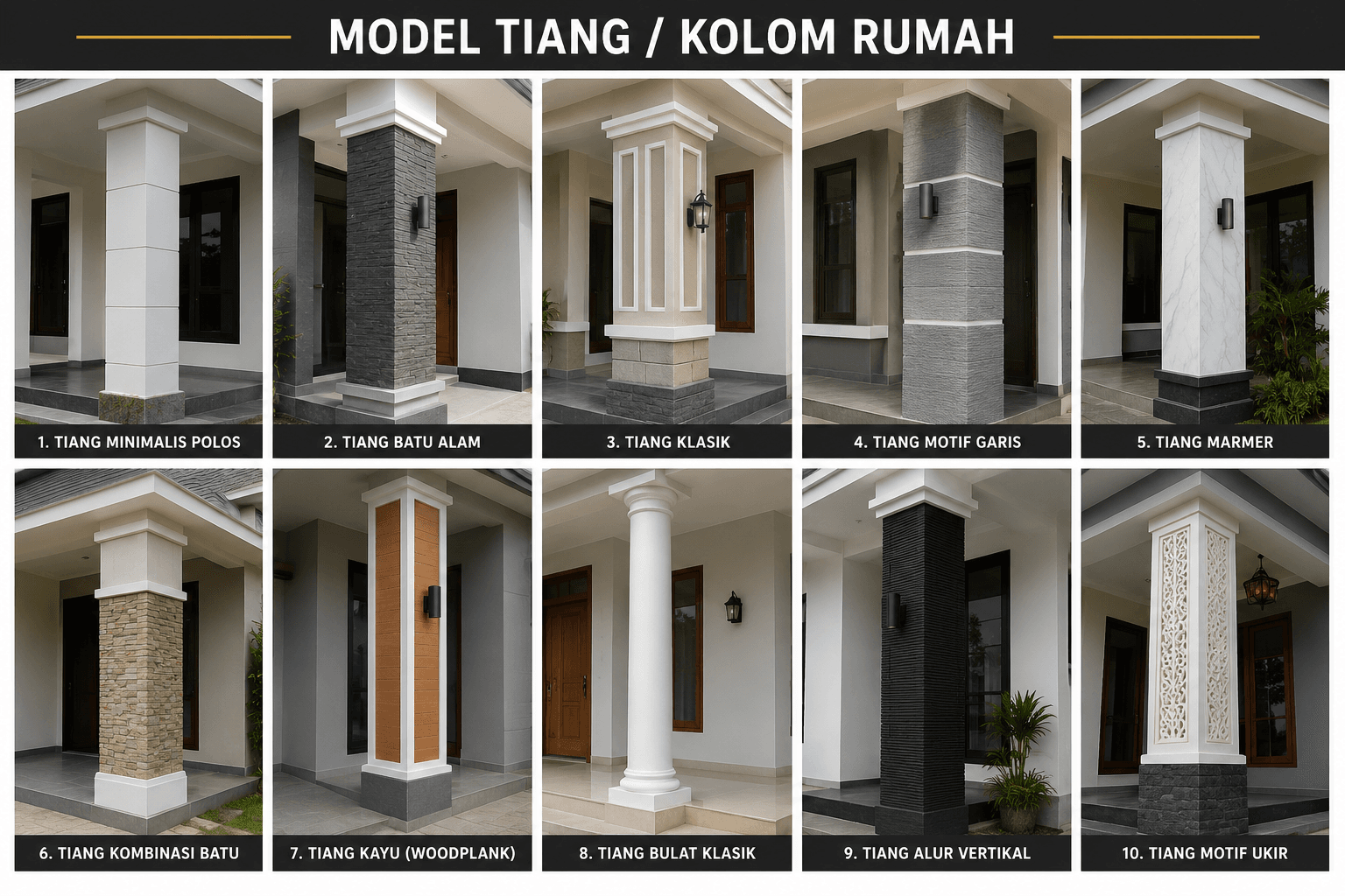 Inspirasi desain model tiang rumah klasik, marmer, dan ukir untuk eksterior