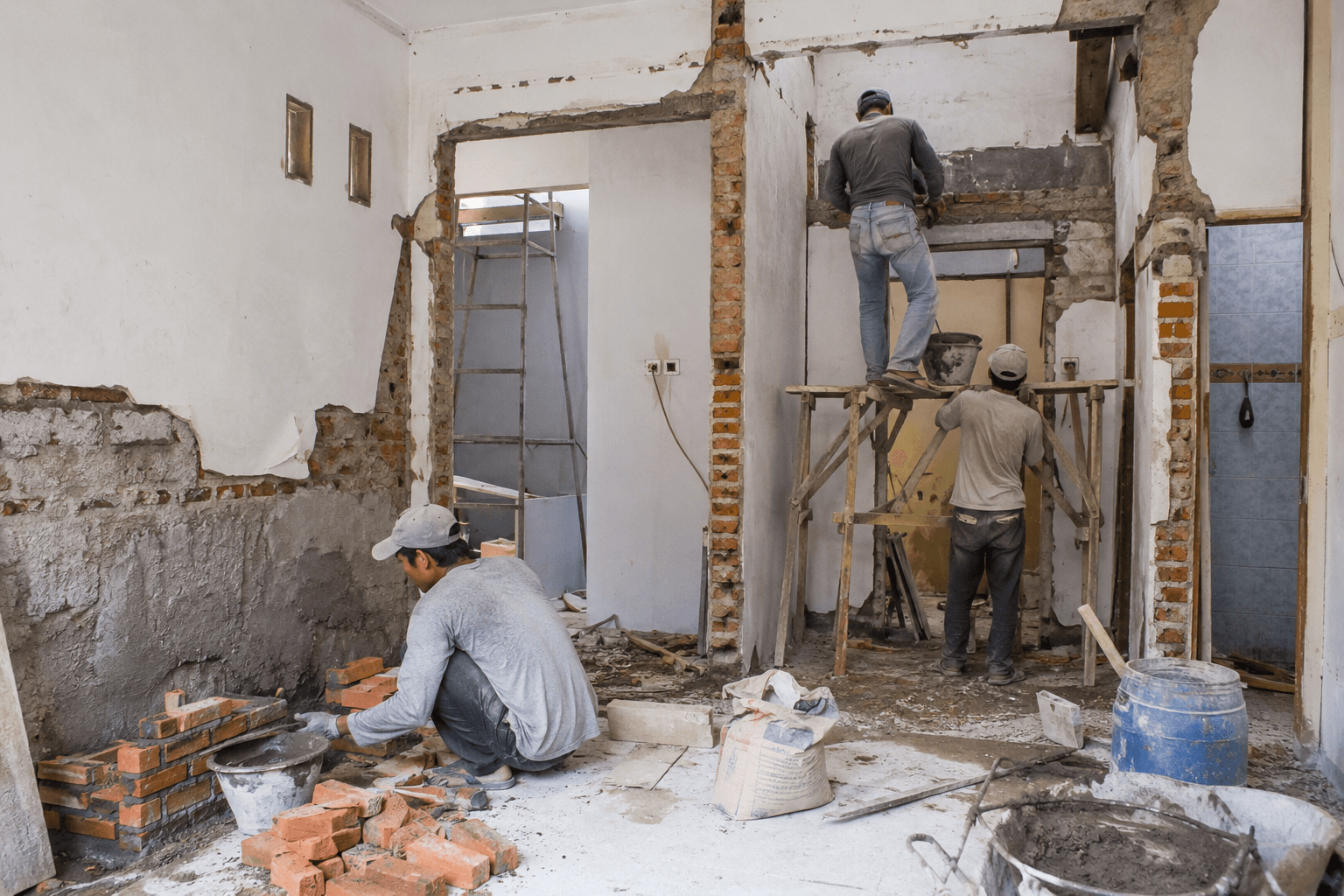 Jasa renovasi rumah dan bongkar dinding interior bata merah oleh tukang bangunan profesional